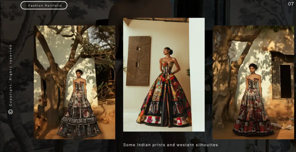 3D fashion portfolio example showing stylized Indian prints on Western gown silhouettes using CLO3D