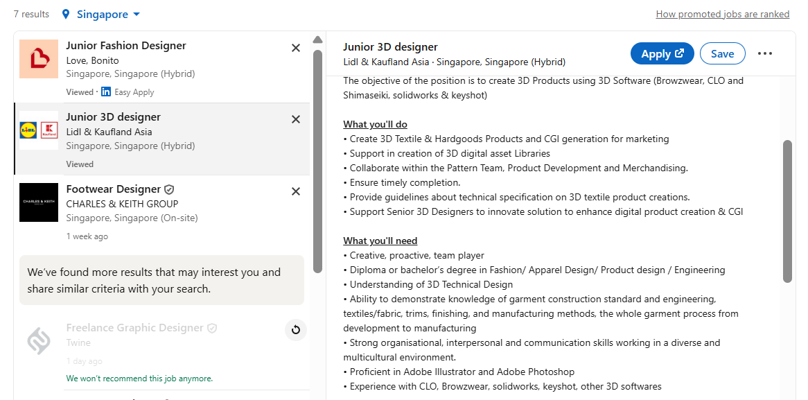 LinkedIn job page showing relevant fashion designer jobs in Singapore