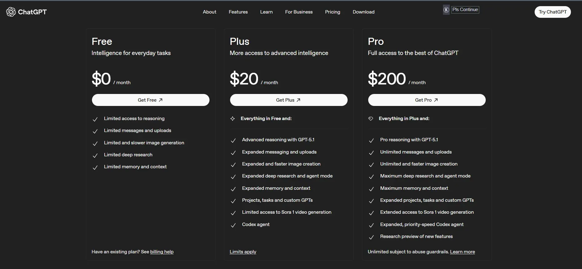 ChatGPT pricing options with Free, Plus, and Pro plans comparing monthly costs, features, image creation, and deep research options