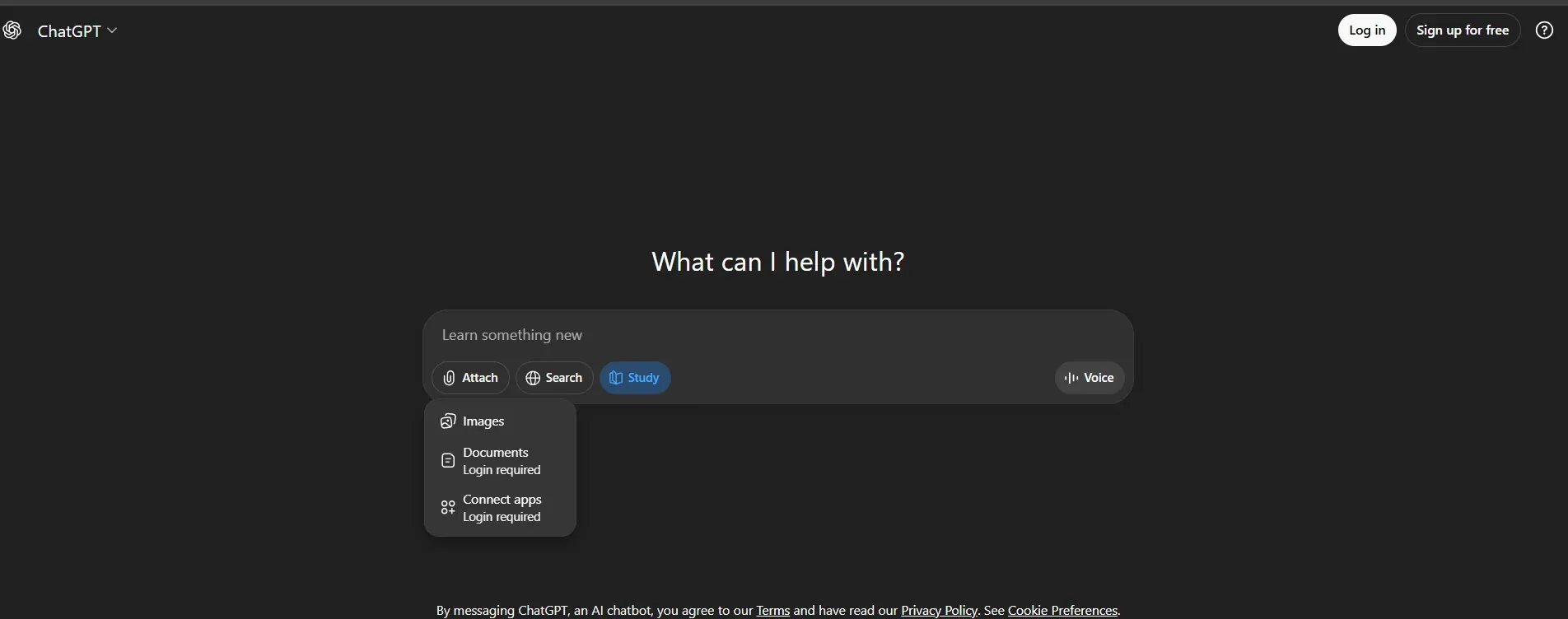 ChatGPT homepage with searchbar and attach options to start entering queries or uploading images