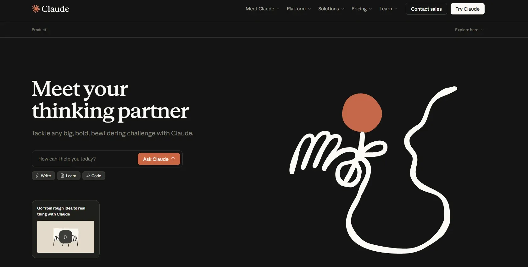 Claude AI homepage with illustration and tagline, along with search bar