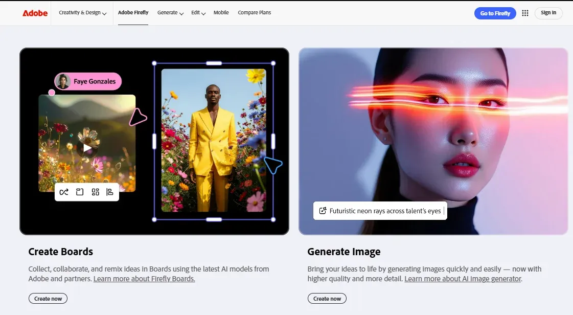 Adobe Firefly interface showing Create Boards and Generate Image options with visuals depicting the results