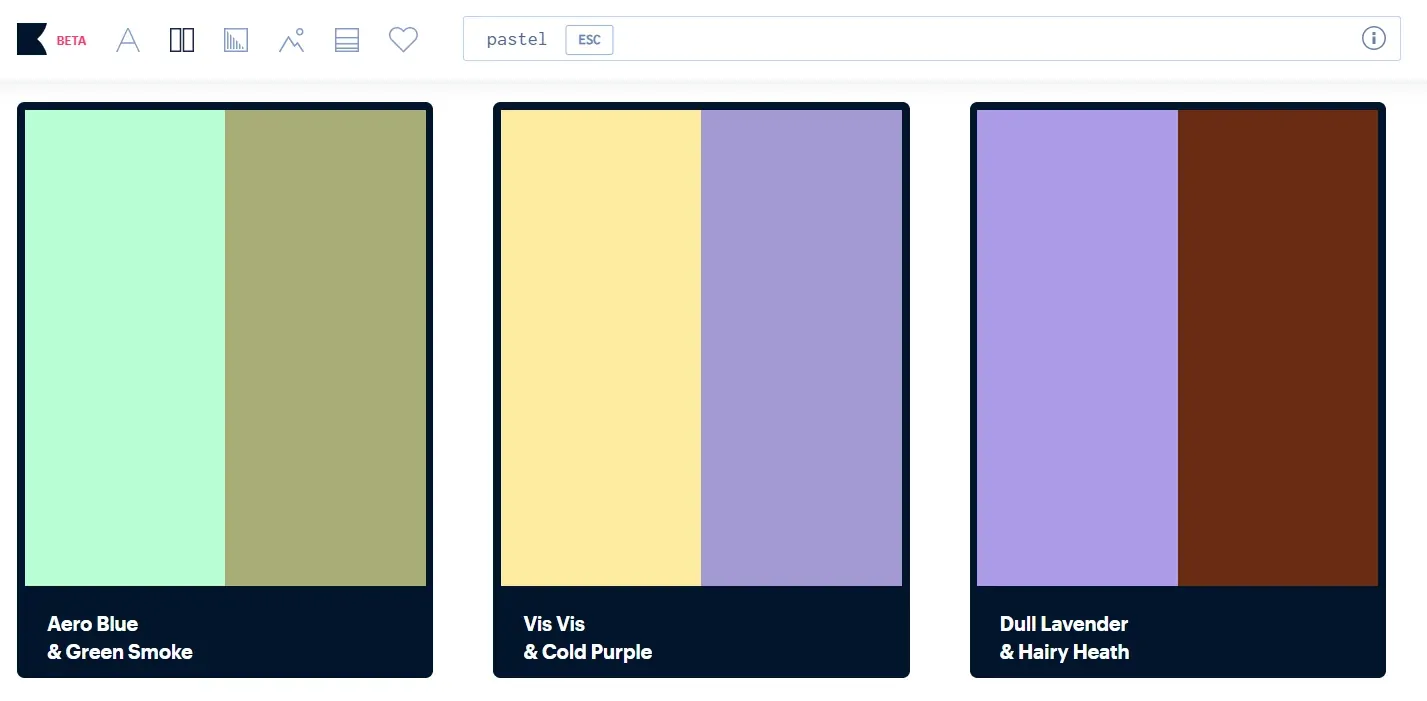 Khroma AI interface showing 3 different colour combinations Aero Blue and Green Smoke, Vis Vis and Cold Purple, and Dull Lavender and Hairy Heath