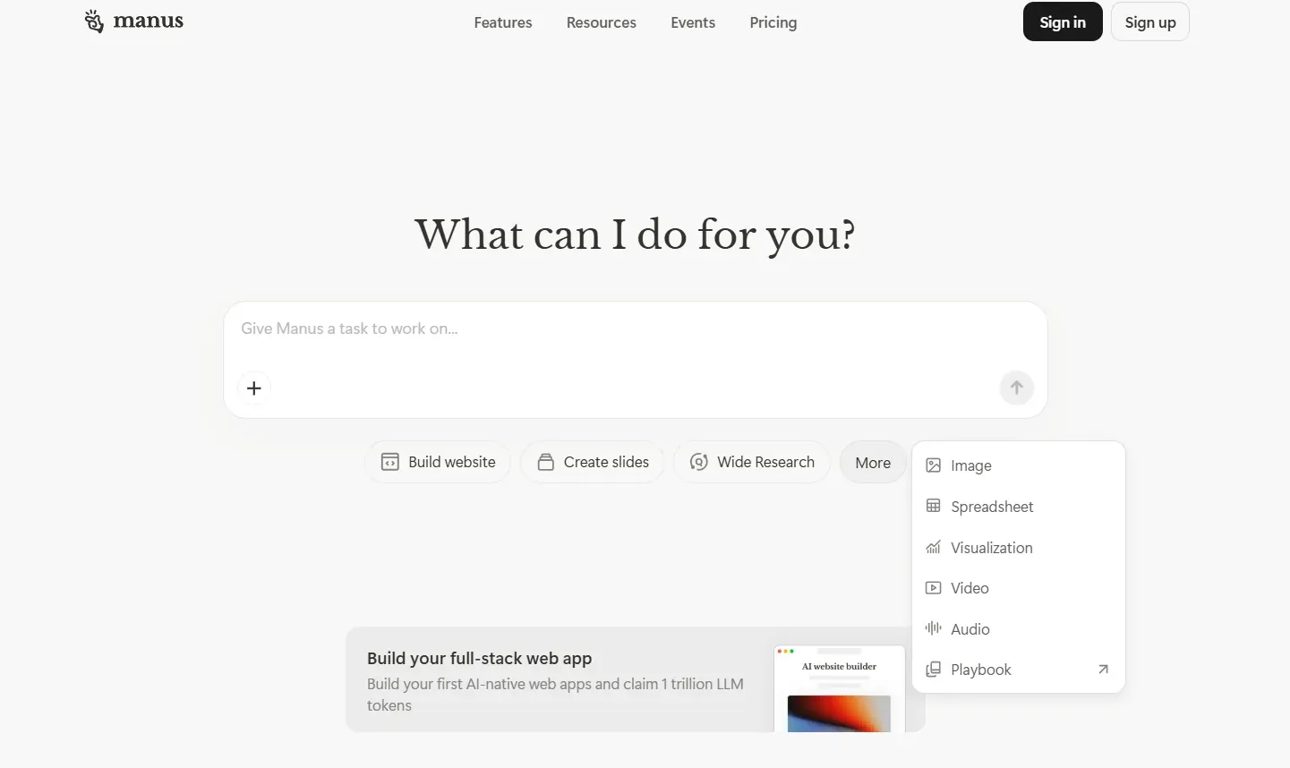 Manus AI homepage showing searchbar, feature buttons, and options for image, spreadsheet, video, and audio