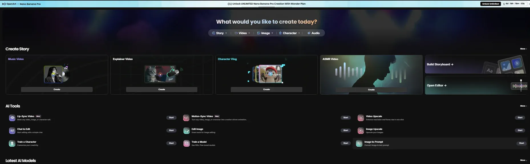 OpenArt AI homepage showcasing different features like music video, explainer video, character vlog, ASMR video, and build storyboard