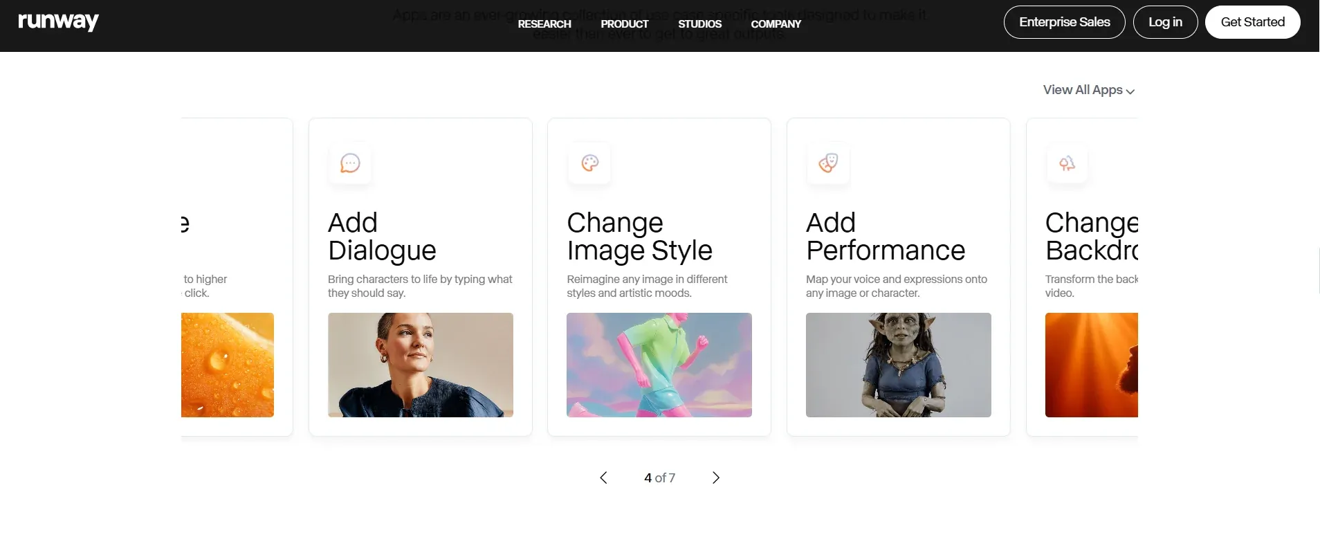 Runway homepage showing add dialogue, change image style, and add performance features