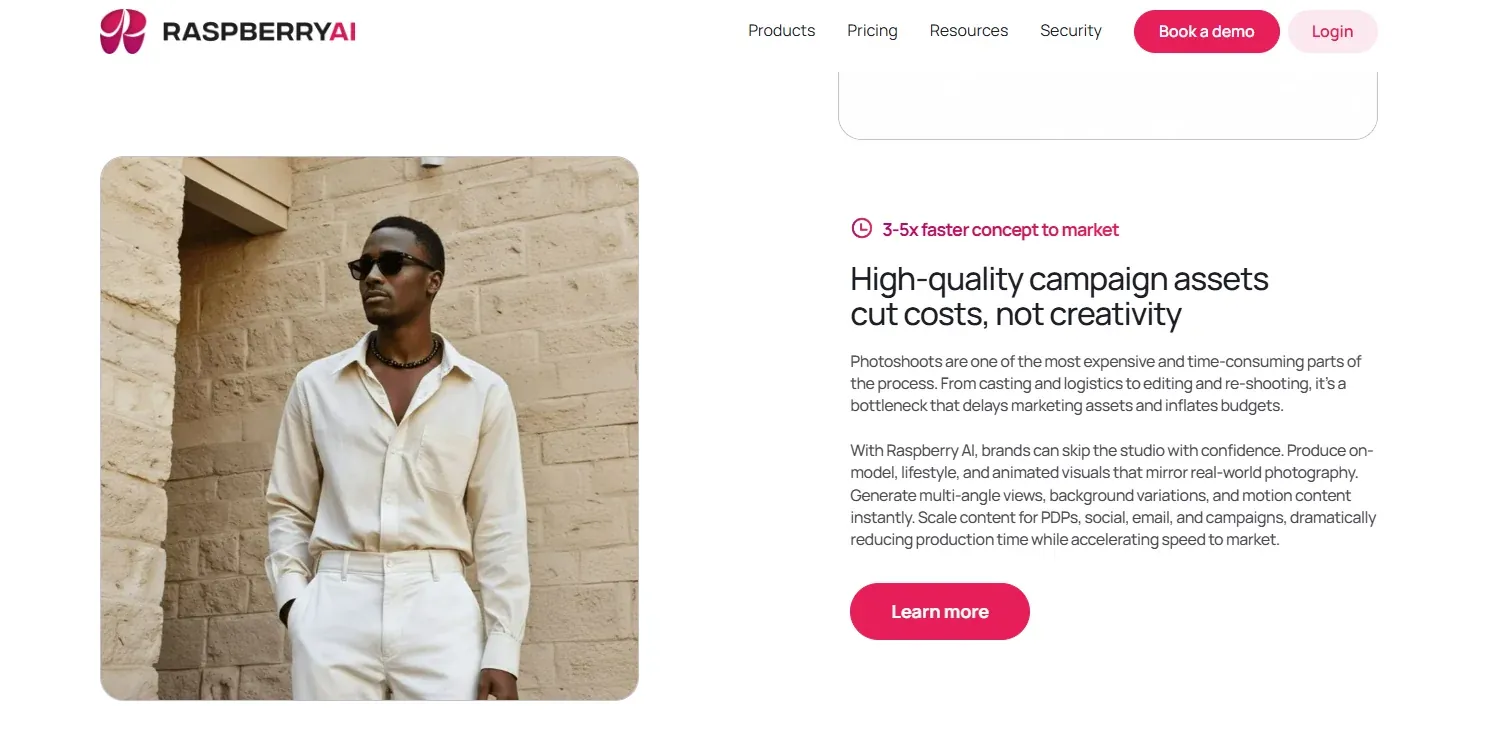 Raspberry AI products page describing campaign asset and photoshoot generation, with a visual of a male model in a beige shirt and trousers