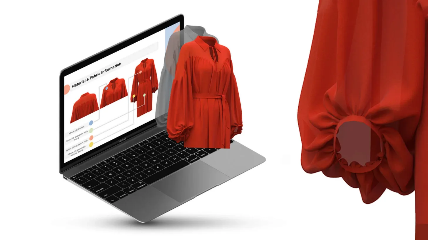 3D fashion design software interface showing a garment