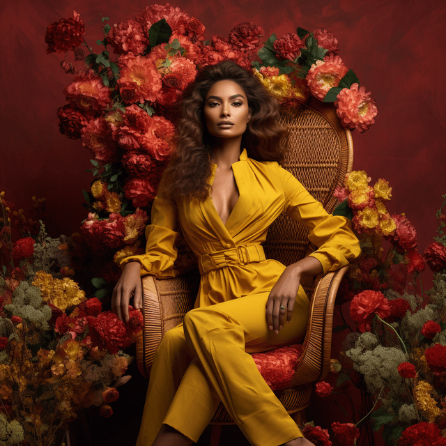 AI fashion model in a yellow dress on a chair