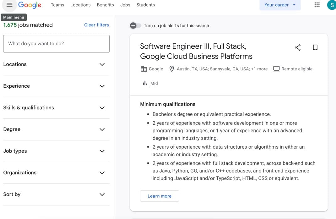 Google job portal search