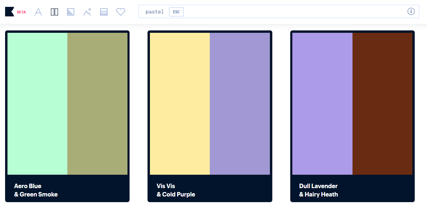 Khroma AI interface showing 3 different colour combinations Aero Blue and Green Smoke, Vis Vis and Cold Purple, and Dull Lavender and Hairy Heath