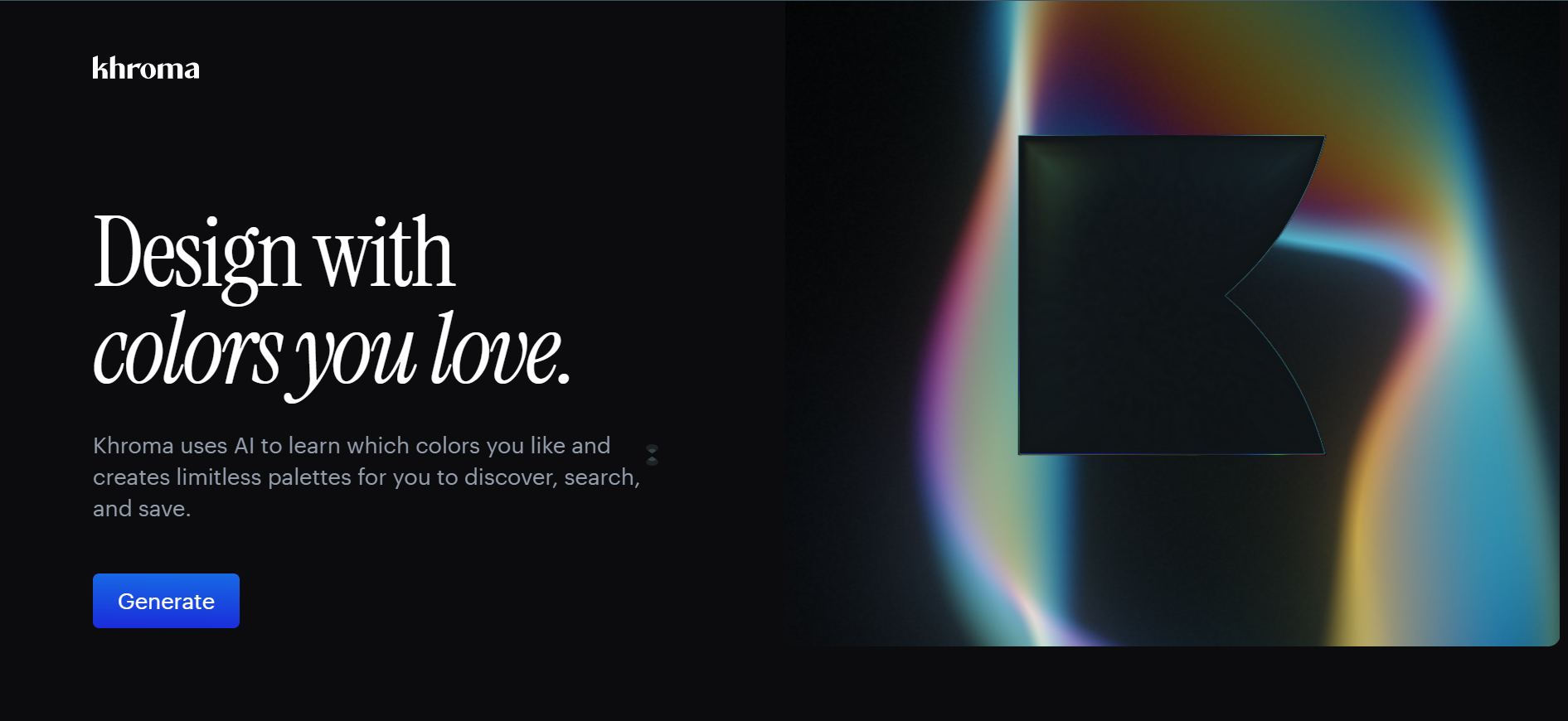 Khroma AI homepage with its logo, tagline, text explaining uses and generate button