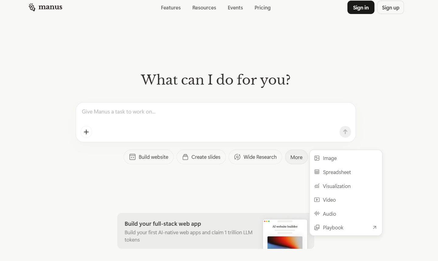 Manus AI homepage showing searchbar, feature buttons, and options for image, spreadsheet, video, and audio