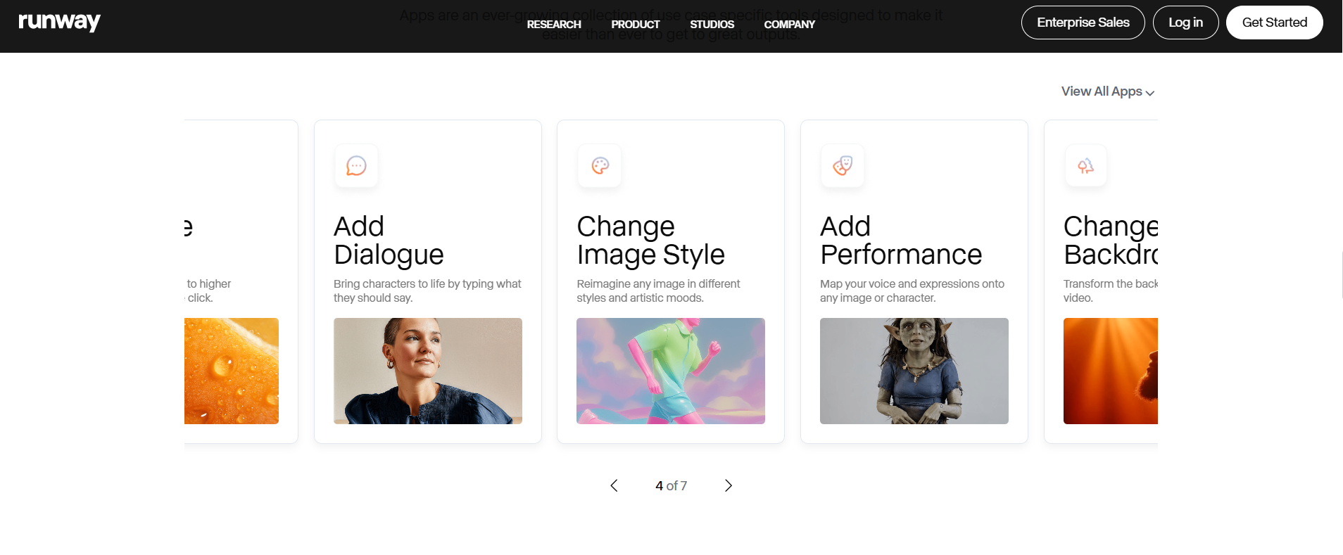 Runway homepage showing add dialogue, change image style, and add performance features