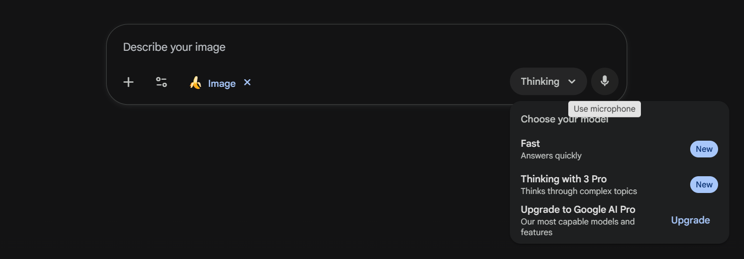 Google Nano Banana homepage with search bar and options showing fast, pro, and upgrade to Google AI buttons