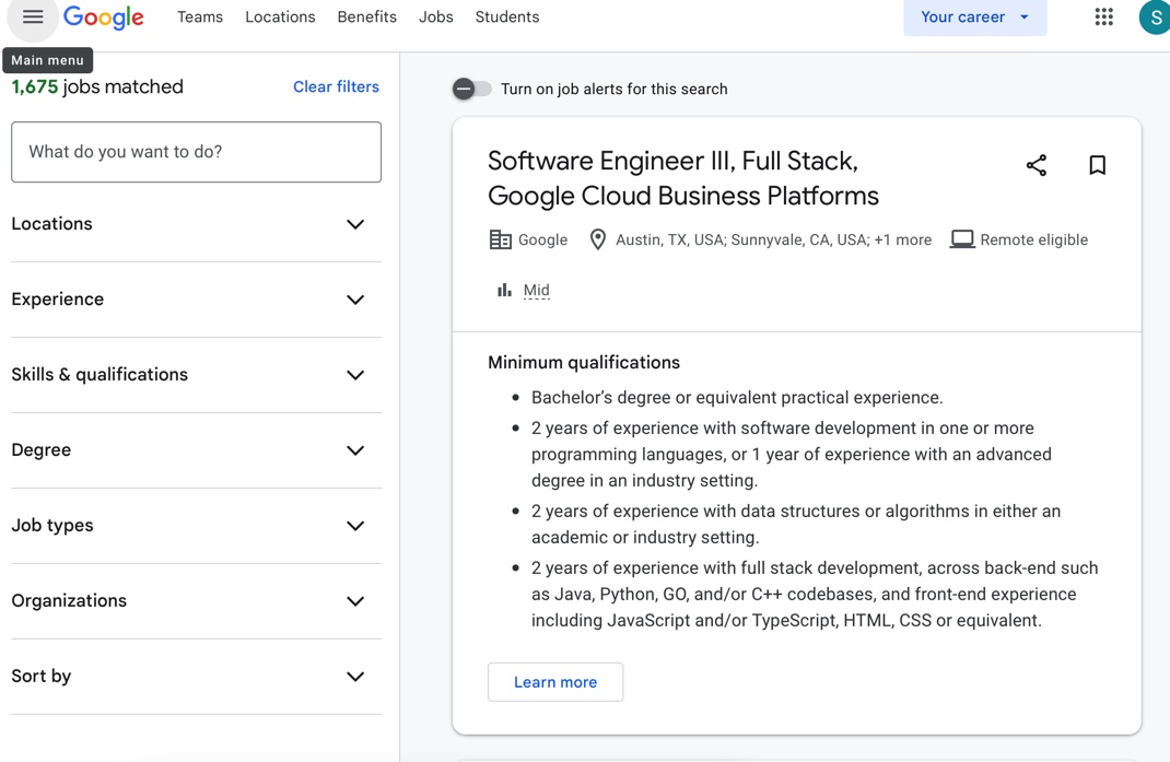 Google job portal search